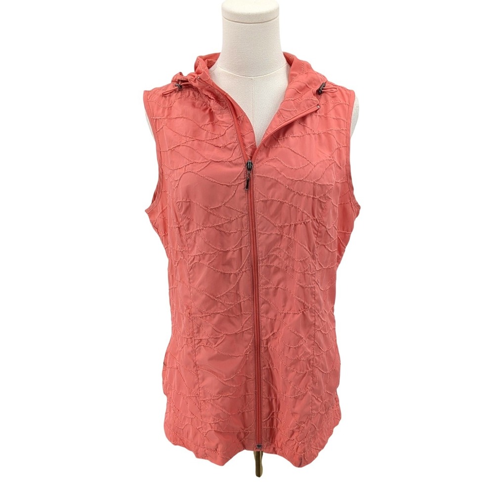 Chicos coral quilted zip vest hooded pockets lightweight athleisure M